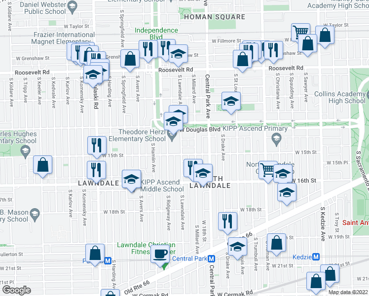 map of restaurants, bars, coffee shops, grocery stores, and more near 1439 South Lawndale Avenue in Chicago