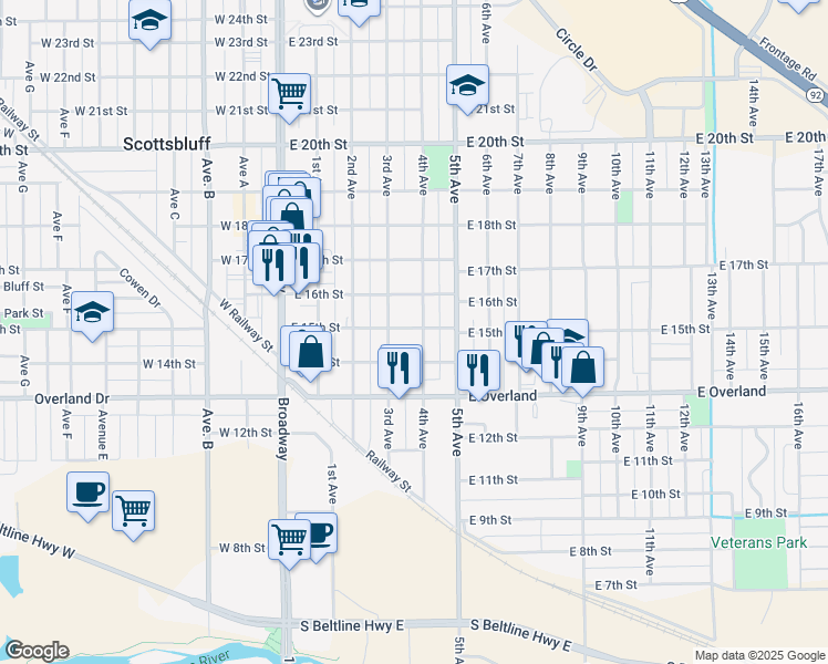 map of restaurants, bars, coffee shops, grocery stores, and more near 309-315 East 14th Street in Scottsbluff