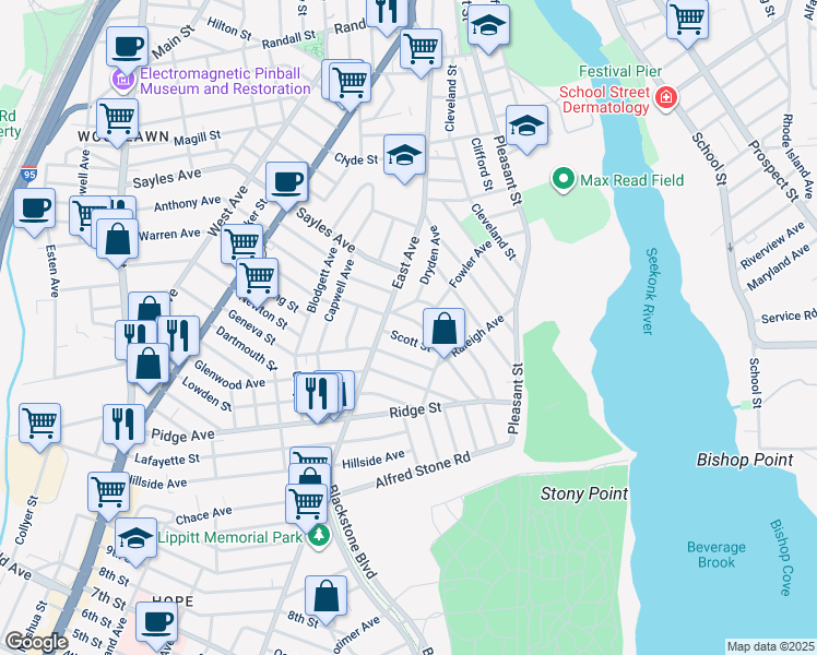 map of restaurants, bars, coffee shops, grocery stores, and more near 42 Scott Street in Pawtucket