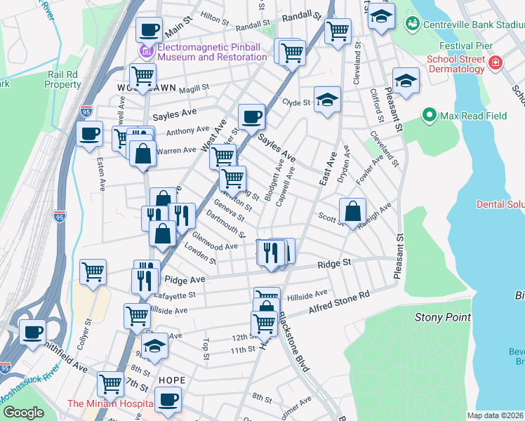 map of restaurants, bars, coffee shops, grocery stores, and more near 5 Geneva Street in Pawtucket