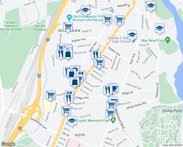 map of restaurants, bars, coffee shops, grocery stores, and more near 87 Trenton Street in Pawtucket
