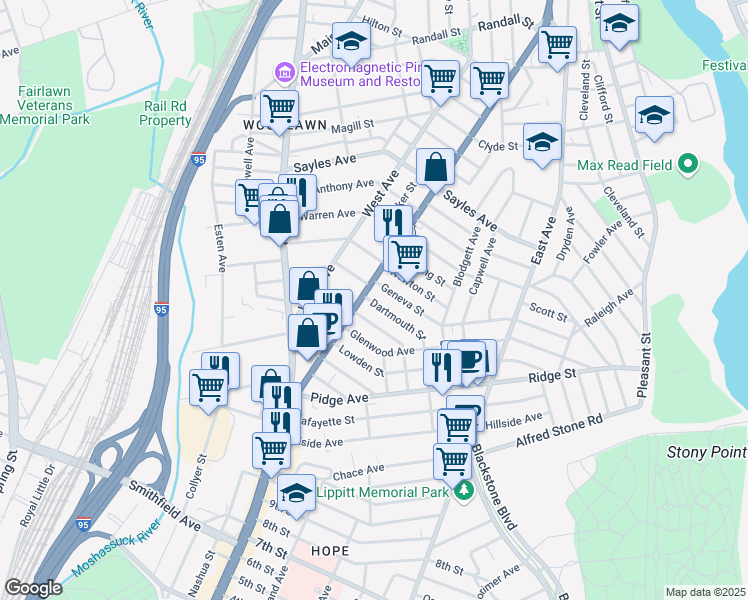 map of restaurants, bars, coffee shops, grocery stores, and more near 87 Trenton Street in Pawtucket