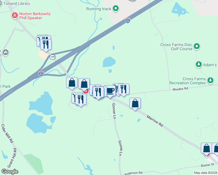 map of restaurants, bars, coffee shops, grocery stores, and more near 191 Merrow Road in Tolland