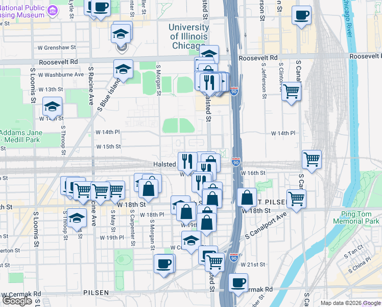 map of restaurants, bars, coffee shops, grocery stores, and more near in Chicago