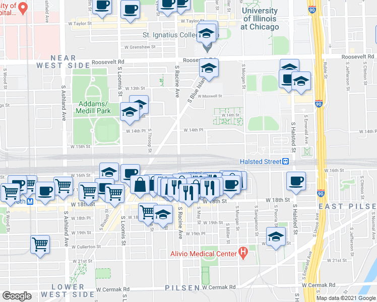 map of restaurants, bars, coffee shops, grocery stores, and more near 1132-1198 West 16th Street in Chicago