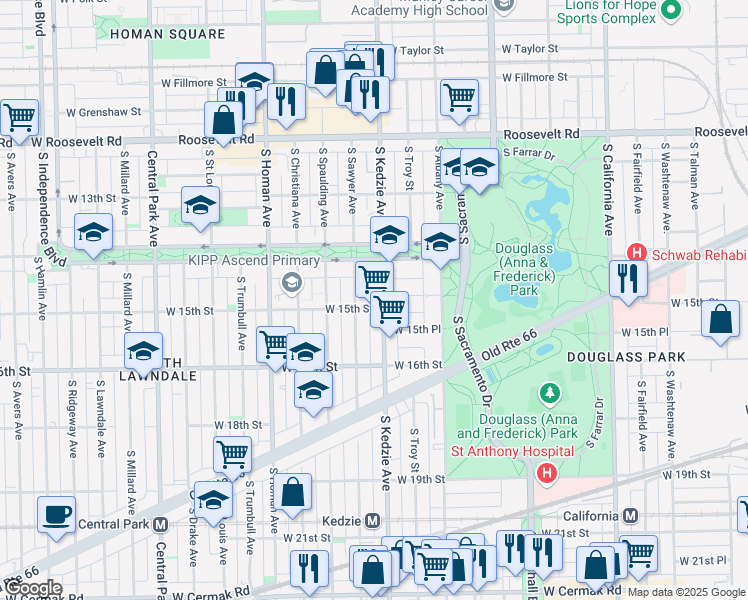 map of restaurants, bars, coffee shops, grocery stores, and more near 1511 South Sawyer Avenue in Chicago