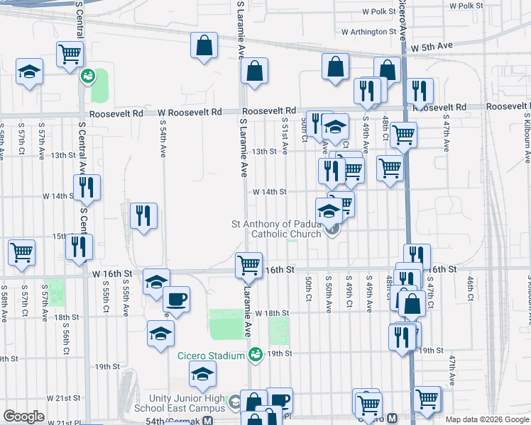 map of restaurants, bars, coffee shops, grocery stores, and more near 1443 South 51st Court in Cicero