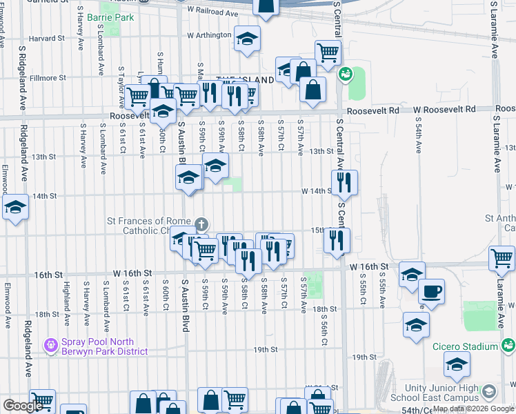 map of restaurants, bars, coffee shops, grocery stores, and more near 1434 South 58th Avenue in Cicero