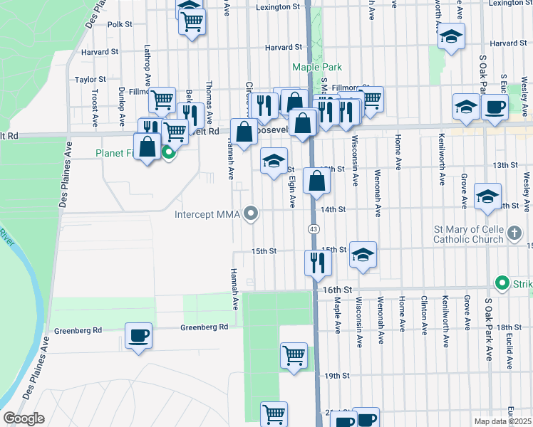 map of restaurants, bars, coffee shops, grocery stores, and more near 1425 Marengo Avenue in Forest Park