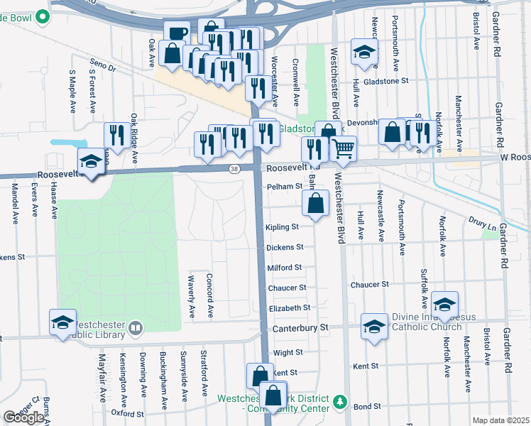 map of restaurants, bars, coffee shops, grocery stores, and more near in Westchester