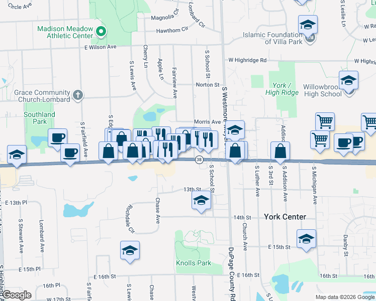 map of restaurants, bars, coffee shops, grocery stores, and more near 875 East Roosevelt Road in Lombard