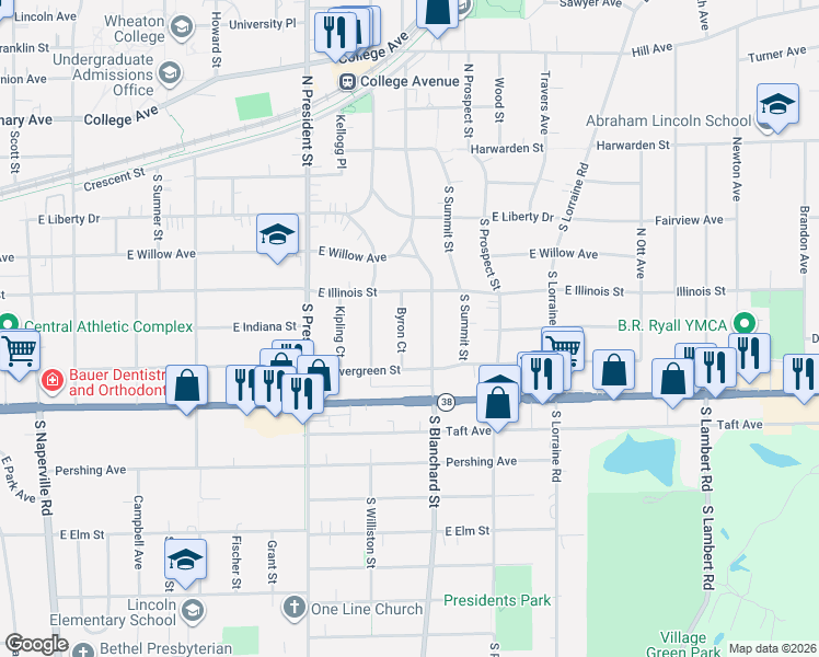 map of restaurants, bars, coffee shops, grocery stores, and more near 522 South Blanchard Street in Wheaton