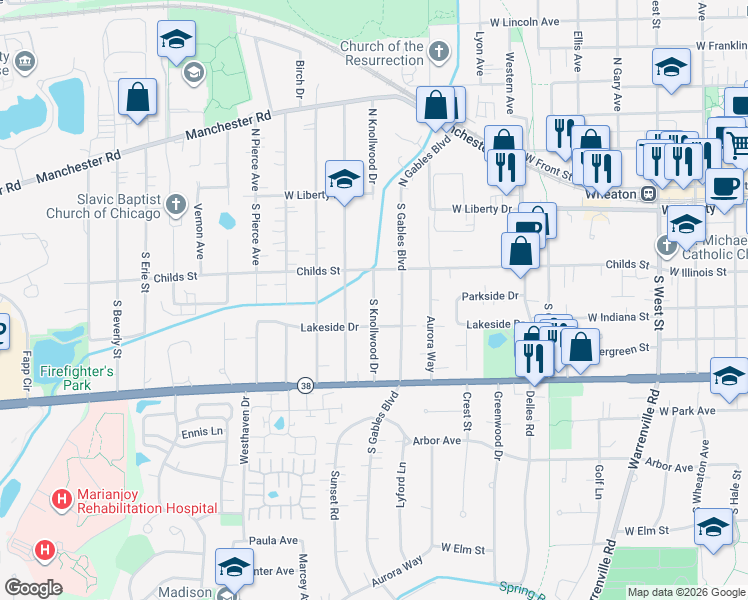 map of restaurants, bars, coffee shops, grocery stores, and more near 1115 Lakeside Drive in Wheaton