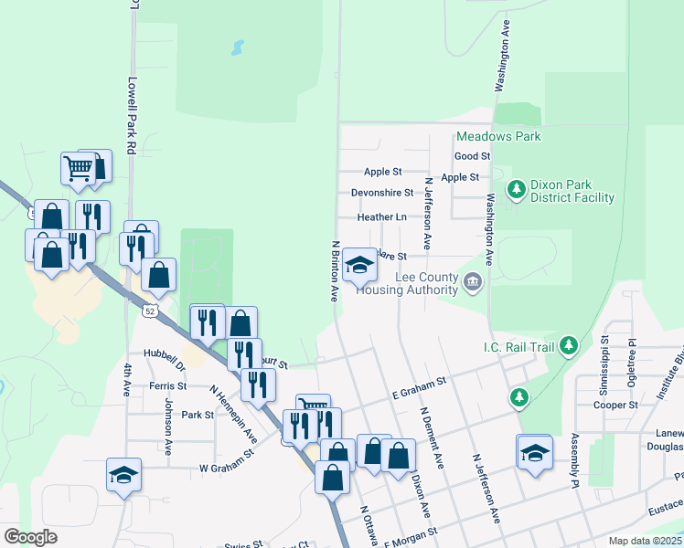 map of restaurants, bars, coffee shops, grocery stores, and more near 1116 North Brinton Avenue in Dixon