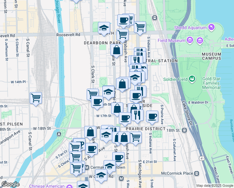 map of restaurants, bars, coffee shops, grocery stores, and more near 10 West 16th Street in Chicago