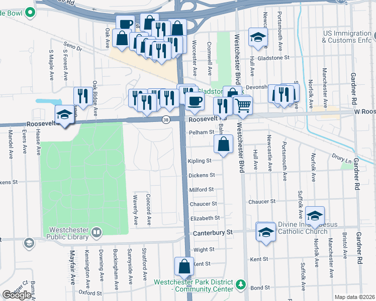 map of restaurants, bars, coffee shops, grocery stores, and more near in Westchester