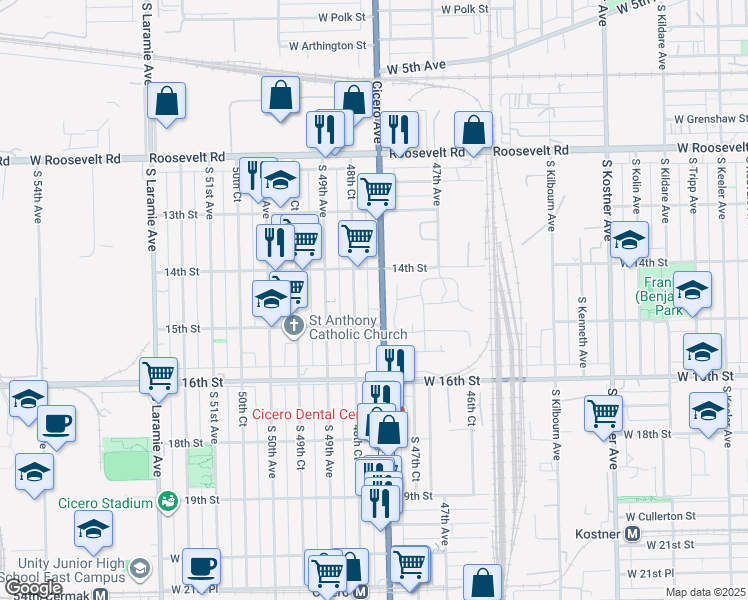map of restaurants, bars, coffee shops, grocery stores, and more near 4812 West 15th Street in Cicero