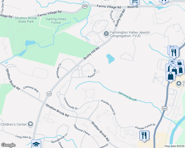 map of restaurants, bars, coffee shops, grocery stores, and more near 30 Ashton Circle in Simsbury