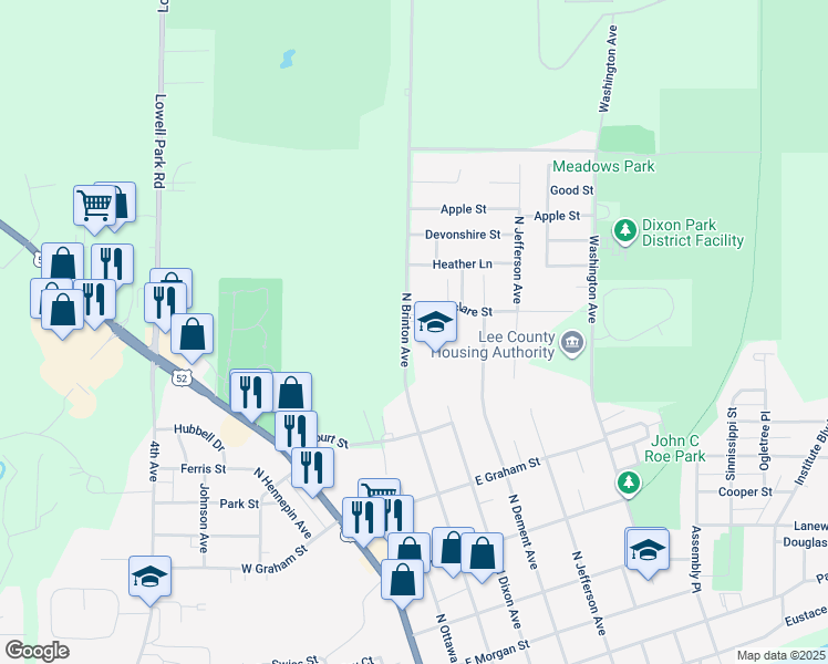 map of restaurants, bars, coffee shops, grocery stores, and more near 1116 North Brinton Avenue in Dixon