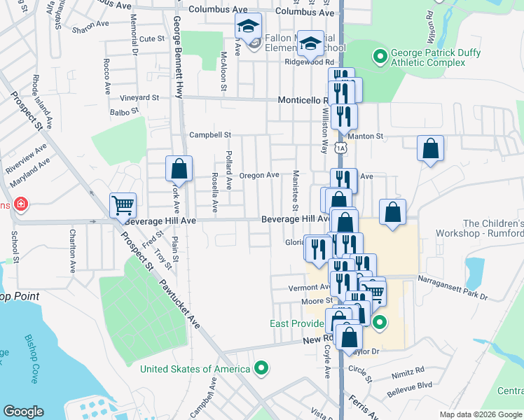 map of restaurants, bars, coffee shops, grocery stores, and more near 12 Bella Avenue in Pawtucket