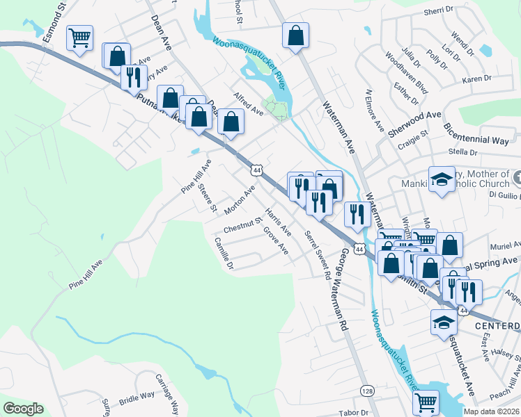 map of restaurants, bars, coffee shops, grocery stores, and more near 10 Chestnut Street in Johnston