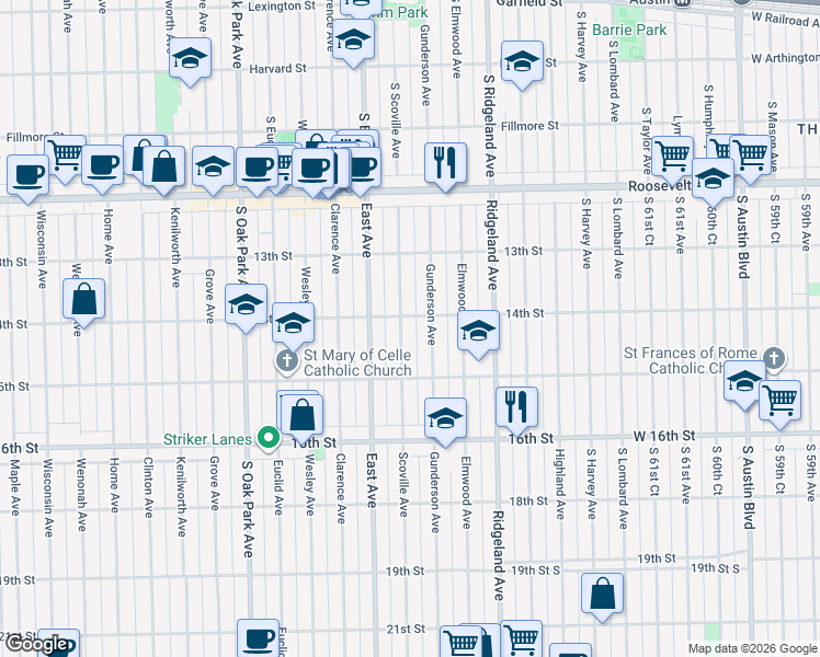 map of restaurants, bars, coffee shops, grocery stores, and more near 1427 Scoville Avenue in Berwyn