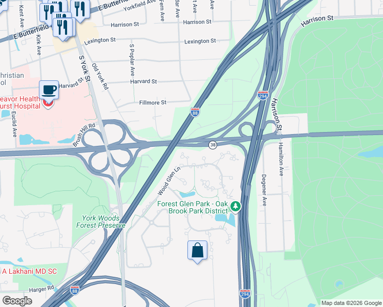 map of restaurants, bars, coffee shops, grocery stores, and more near 225 Wood Glen Lane in Oak Brook