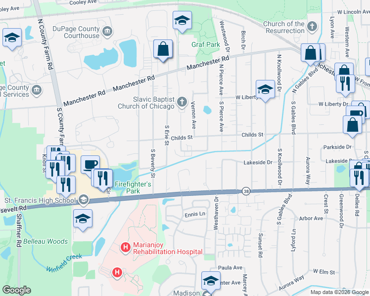 map of restaurants, bars, coffee shops, grocery stores, and more near 440 Sunnybrook Lane in Wheaton