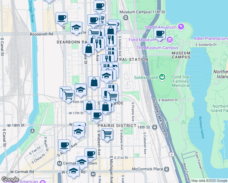 map of restaurants, bars, coffee shops, grocery stores, and more near 1470 Michigan Avenue in Chicago