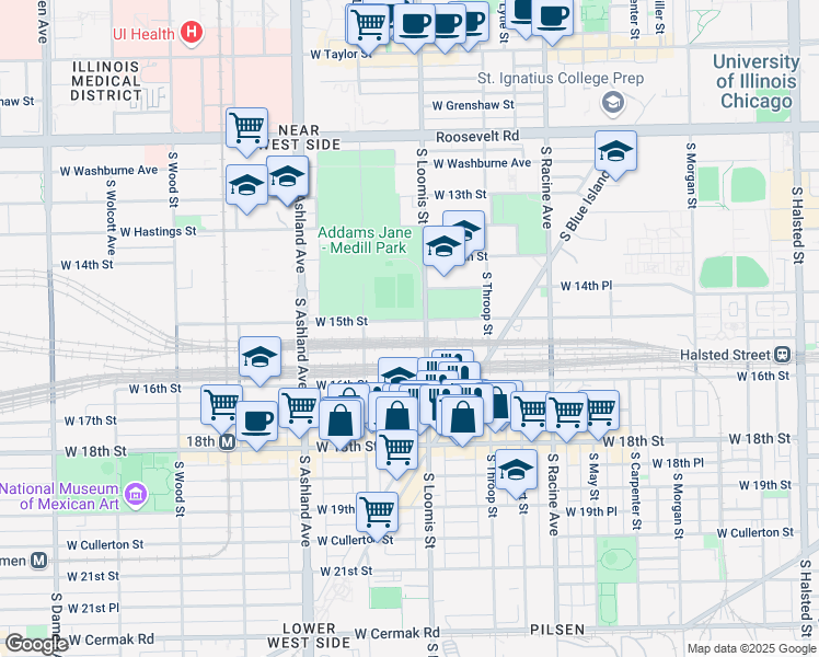 map of restaurants, bars, coffee shops, grocery stores, and more near 1407 West 15th Street in Chicago