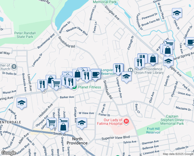 map of restaurants, bars, coffee shops, grocery stores, and more near 528 Smithfield Road in North Providence