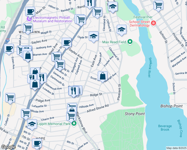 map of restaurants, bars, coffee shops, grocery stores, and more near 75 Dryden Avenue in Pawtucket