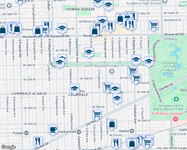 map of restaurants, bars, coffee shops, grocery stores, and more near 3449 West Douglas Boulevard in Chicago