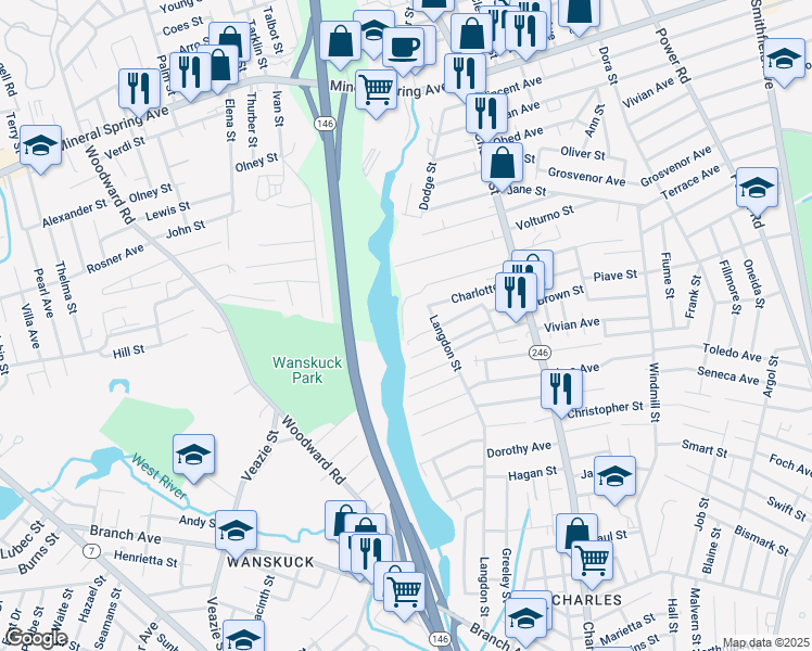 map of restaurants, bars, coffee shops, grocery stores, and more near 61 Hurdis Street in North Providence