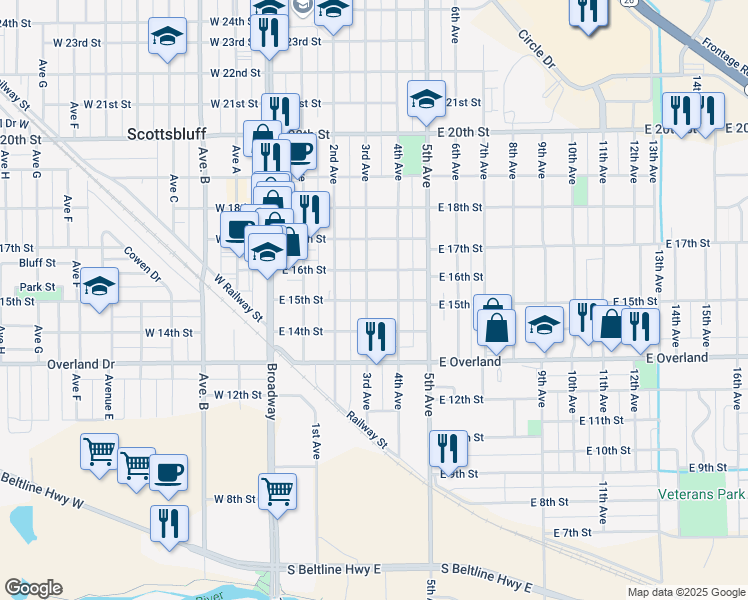 map of restaurants, bars, coffee shops, grocery stores, and more near 1516 3rd Avenue in Scottsbluff