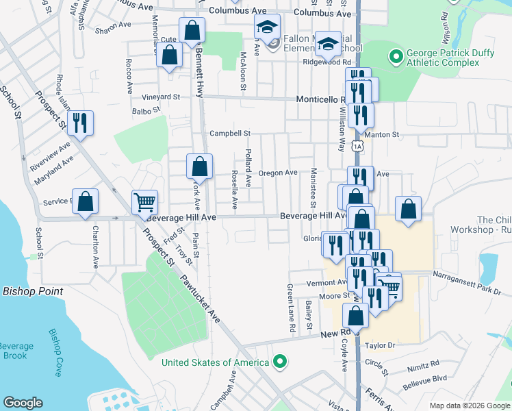 map of restaurants, bars, coffee shops, grocery stores, and more near 49 Poirier Street in Pawtucket