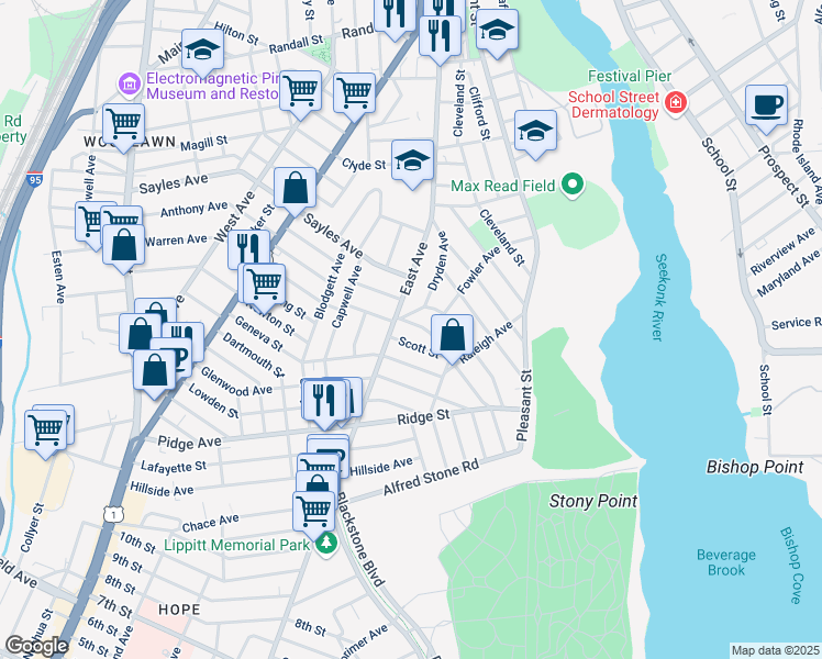 map of restaurants, bars, coffee shops, grocery stores, and more near 75 Dryden Avenue in Pawtucket