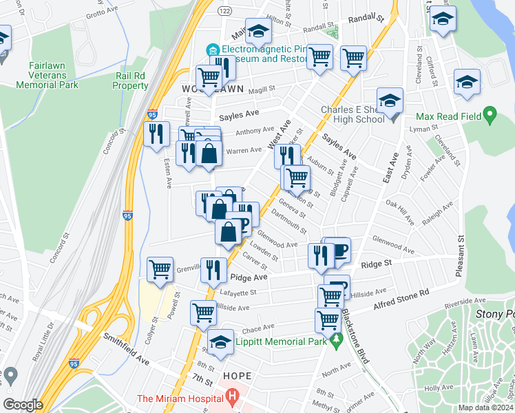 map of restaurants, bars, coffee shops, grocery stores, and more near 510 West Avenue in Pawtucket
