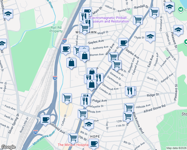 map of restaurants, bars, coffee shops, grocery stores, and more near 28 Heaton Street in Pawtucket