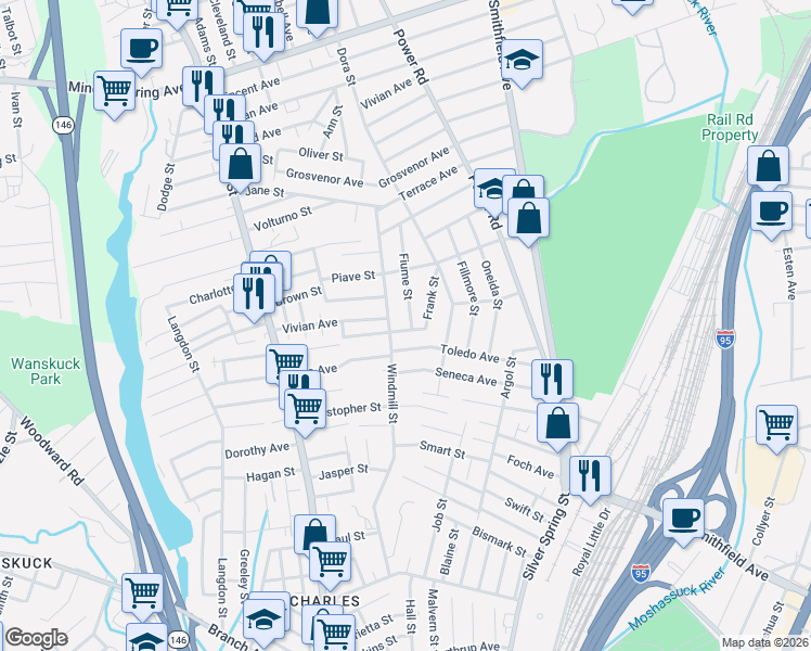 map of restaurants, bars, coffee shops, grocery stores, and more near 25 Frank Street in Pawtucket