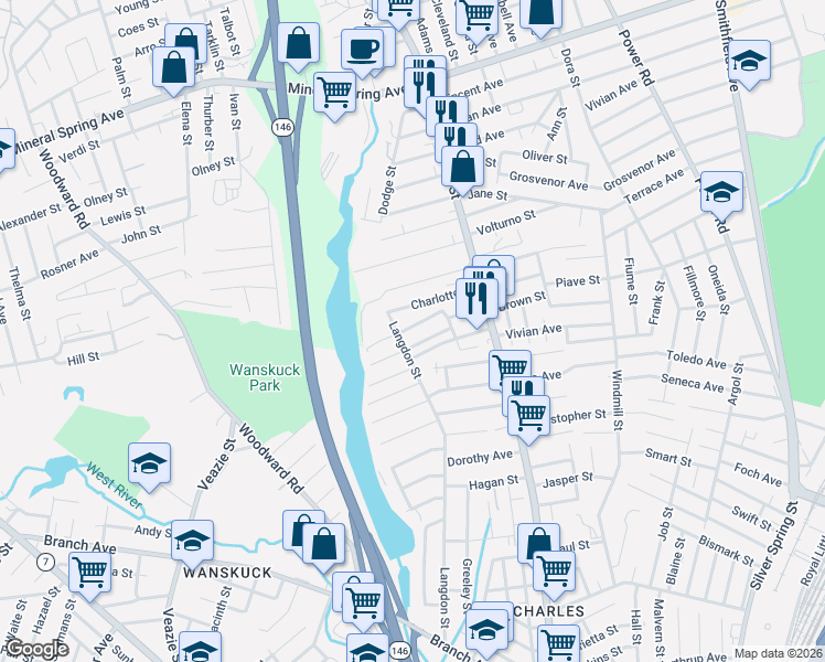 map of restaurants, bars, coffee shops, grocery stores, and more near 67 Charlotte Street in North Providence