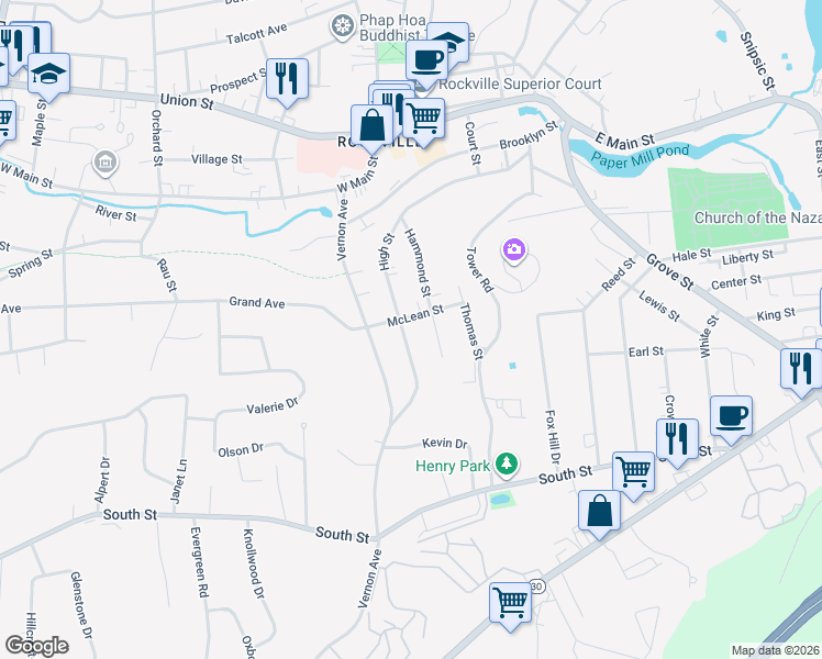 map of restaurants, bars, coffee shops, grocery stores, and more near 111 High Street in Vernon