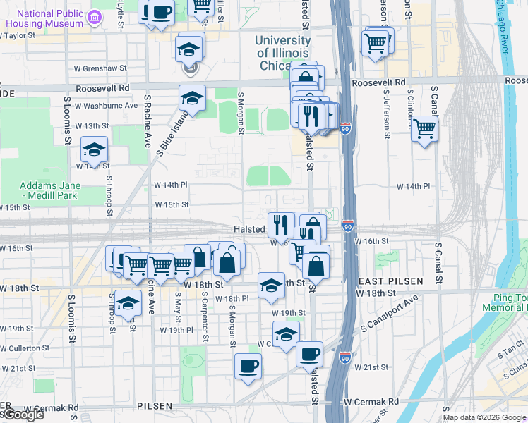 map of restaurants, bars, coffee shops, grocery stores, and more near 912 West Village Court in Chicago