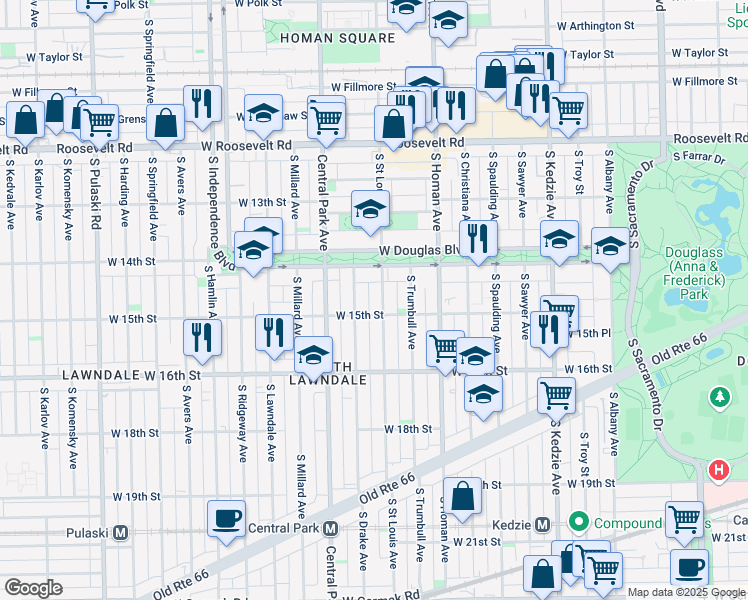 map of restaurants, bars, coffee shops, grocery stores, and more near 3449 West Douglas Boulevard in Chicago