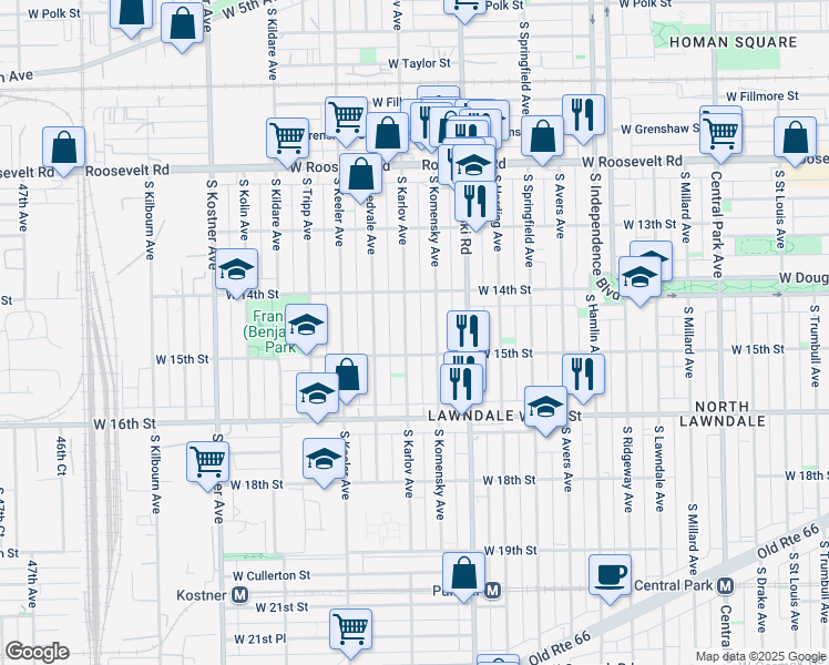 map of restaurants, bars, coffee shops, grocery stores, and more near 1414 South Karlov Avenue in Chicago