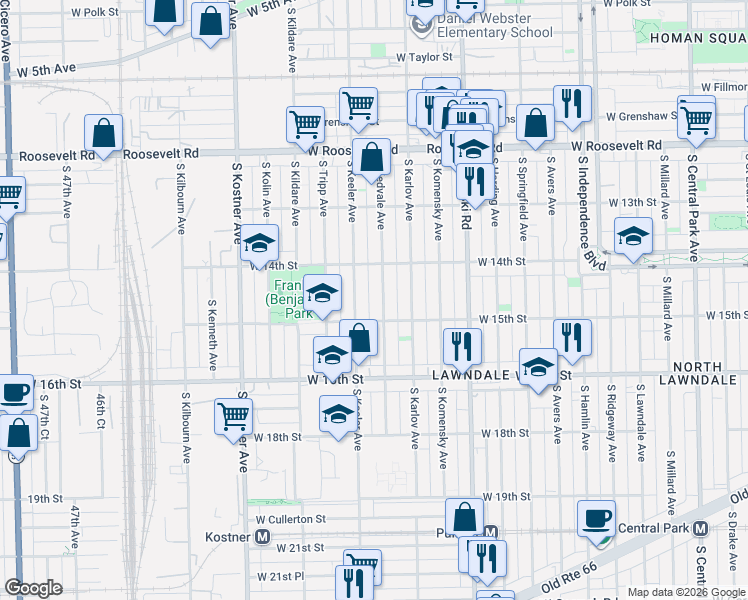 map of restaurants, bars, coffee shops, grocery stores, and more near 1412 South Kedvale Avenue in Chicago