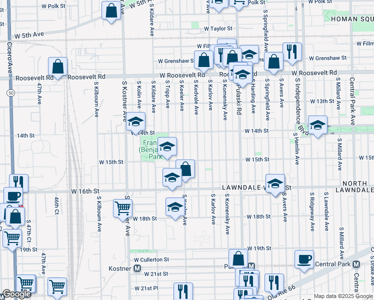 map of restaurants, bars, coffee shops, grocery stores, and more near 1412 South Kedvale Avenue in Chicago