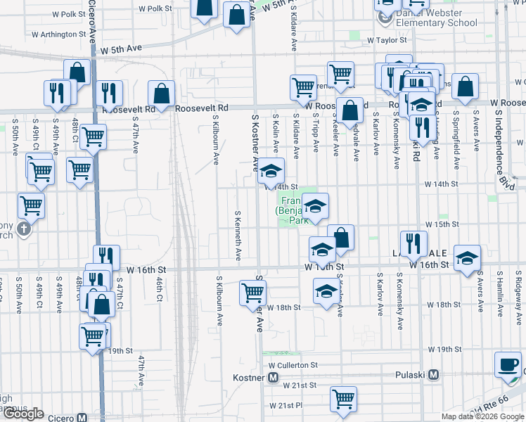 map of restaurants, bars, coffee shops, grocery stores, and more near 1410 South Kostner Avenue in Chicago