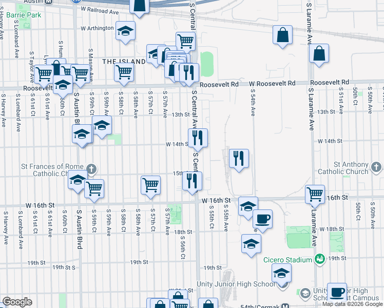 map of restaurants, bars, coffee shops, grocery stores, and more near 1345 South 56th Court in Cicero