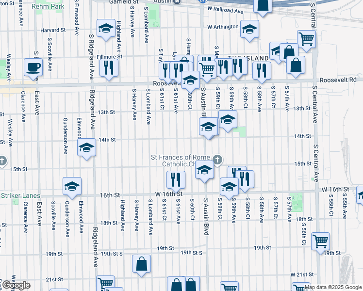 map of restaurants, bars, coffee shops, grocery stores, and more near 1344 South 60th Court in Cicero